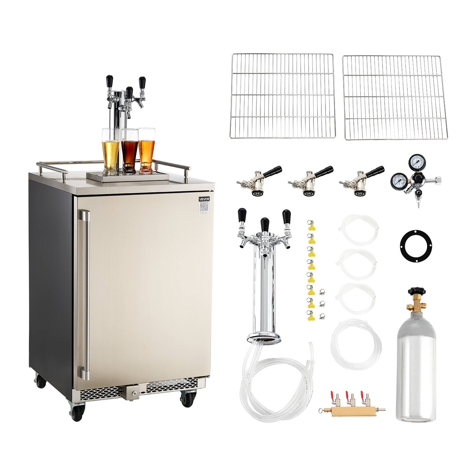 Front. VEVOR - Beer Kegerator, Triple Tap Commercial Draft Beer Dispenser for D system, Full Size Keg Refrigerator with 5lbs CO2 Tank - Silver.
