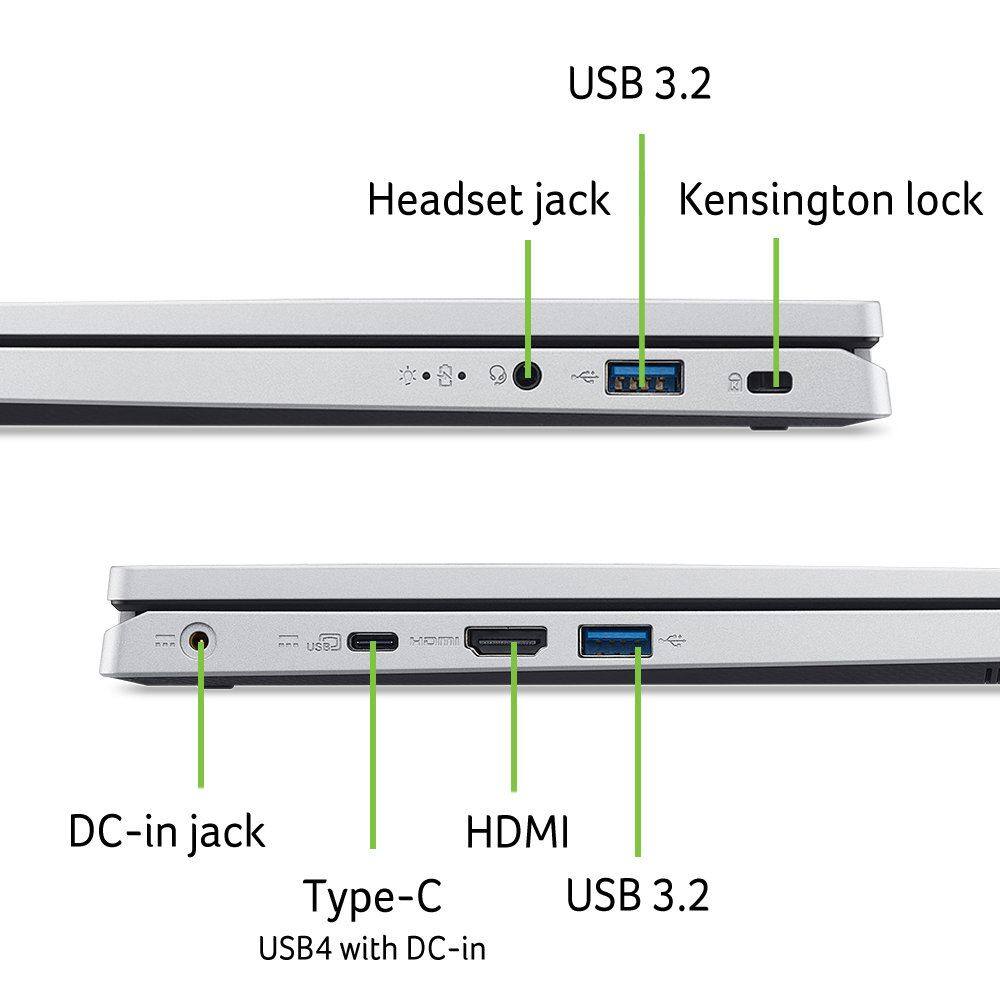 - USB 3.2
- Headset jack
- Kensington lock
- USB 3.2
- HDMI
- Type-C USB4 with DC-in
- DC-in jack