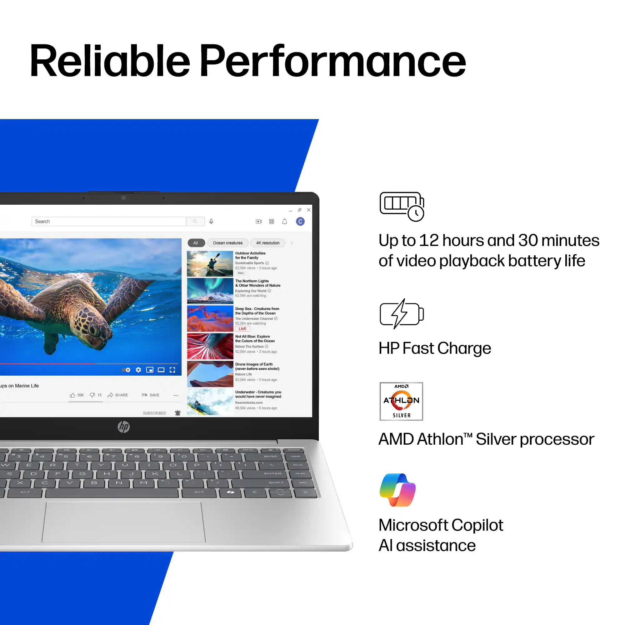 Reliable Performance

- Up to 12 hours and 30 minutes of video playback battery life
- HP Fast Charge
- AMD Athlon™ Silver processor
- Microsoft Copilot AI assistance