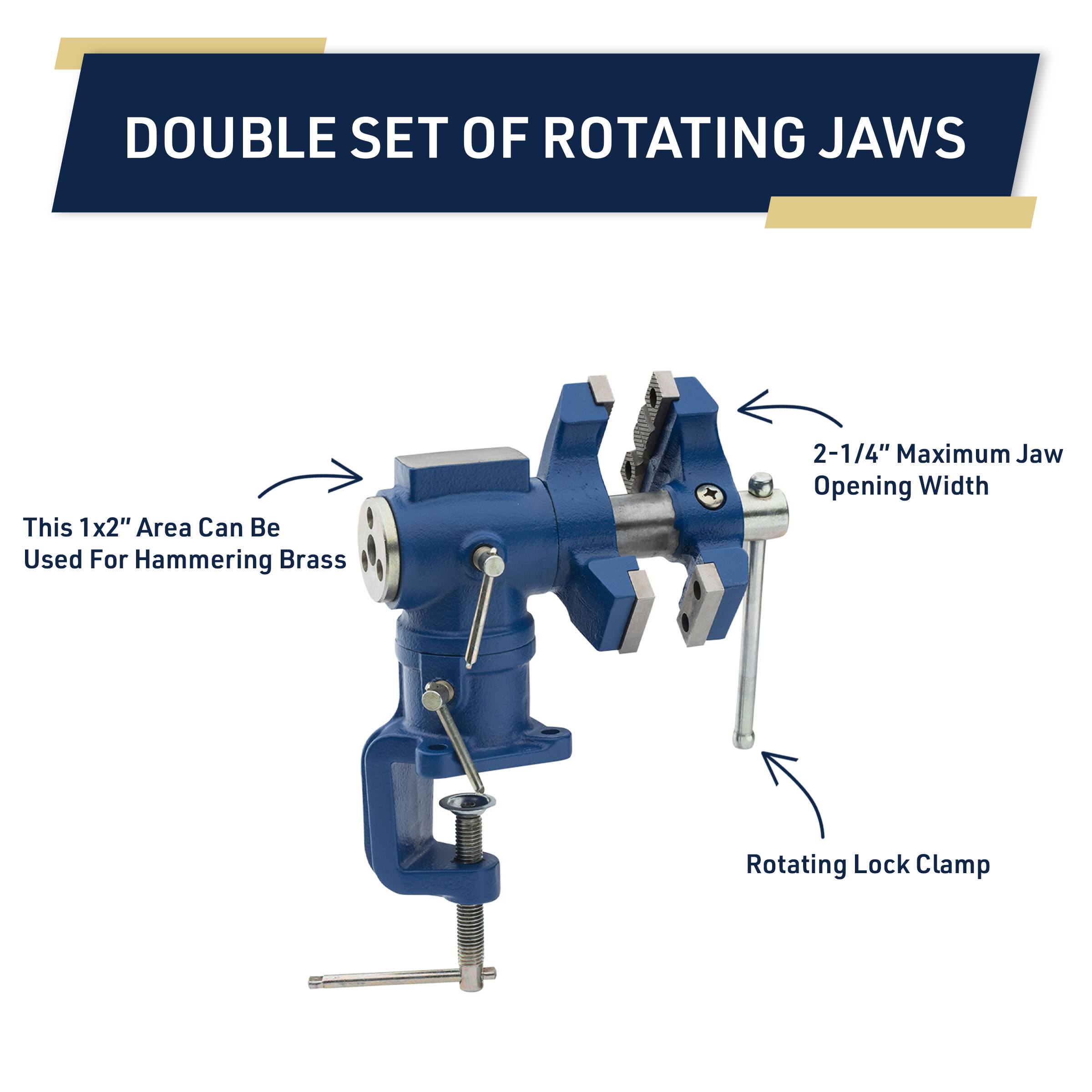 DOUBLE SET OF ROTATING JAWS, This 1x2" Area Can Be Used For Hammering Brass, 2-1/4" Maximum Jaw Opening Width, Rotating Lock Clamp