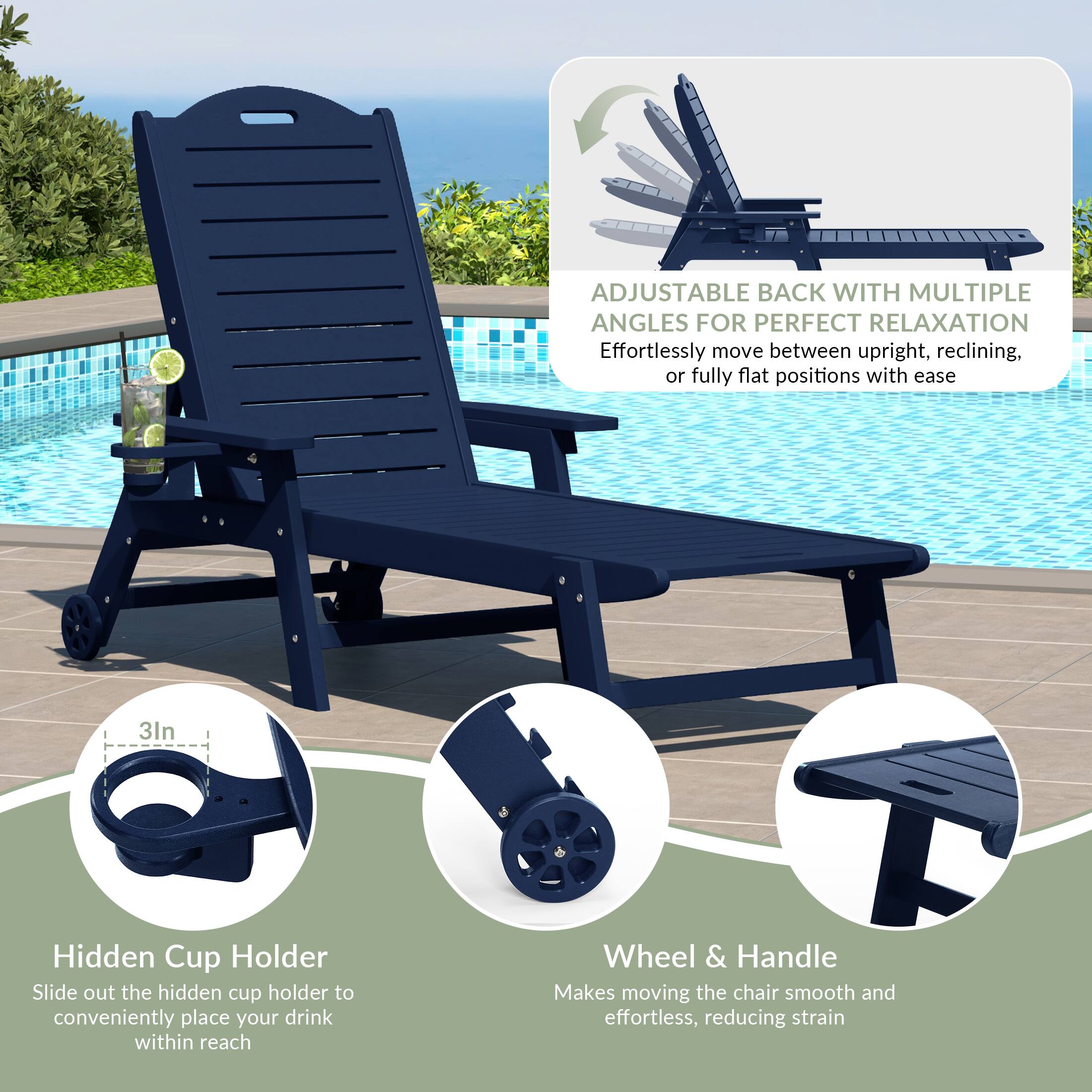 ADJUSTABLE BACK WITH MULTIPLE ANGLES FOR PERFECT RELAXATION  
Effortlessly move between upright, reclining, or fully flat positions with ease  

3ln Hidden Cup Holder  
Slide out the hidden cup holder to conveniently place your drink within reach  

Wheel & Handle  
Makes moving the chair smooth and effortless, reducing strain