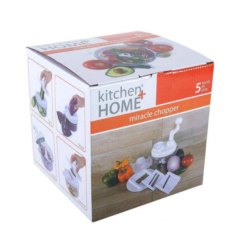 kitchen HOME  
miracle chopper  
5 tools in one  

Shred  
Juice  
Grate  
Slice  
Chop