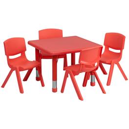 Emma + Oliver - 24" Square Plastic Height Adjustable Activity Table Set with 4 Chairs - Red