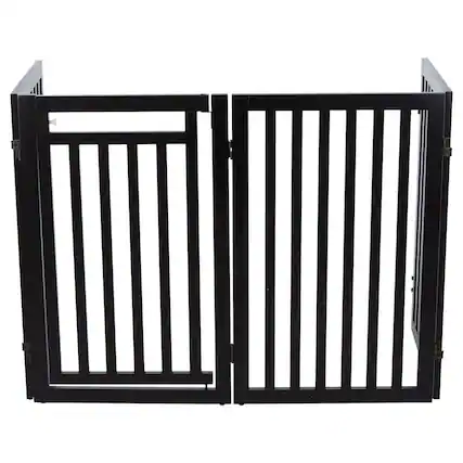 Front. TRIXIE - 4-Panel Foldable Wood Freestanding Pet Gate, Walk Thru Door, Expands to 80" - Espresso Brown.