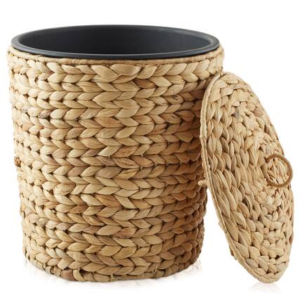 Front. Casafield - Water Hyacinth Waste Basket with Lid - Woven Trash Can - Natural.