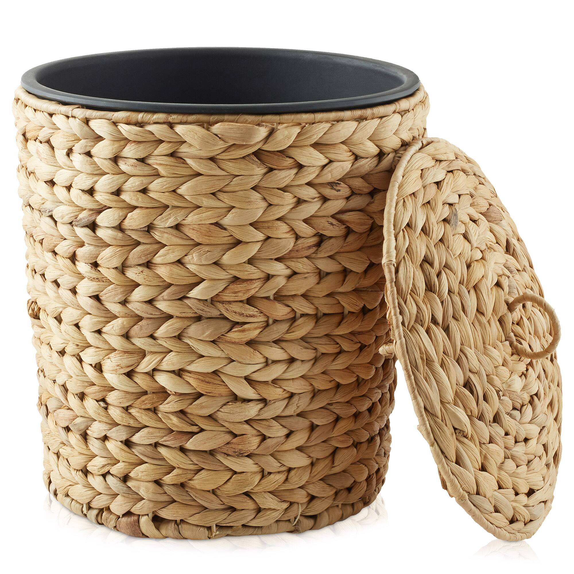Front. Casafield - Water Hyacinth Waste Basket with Lid - Woven Trash Can - Natural.