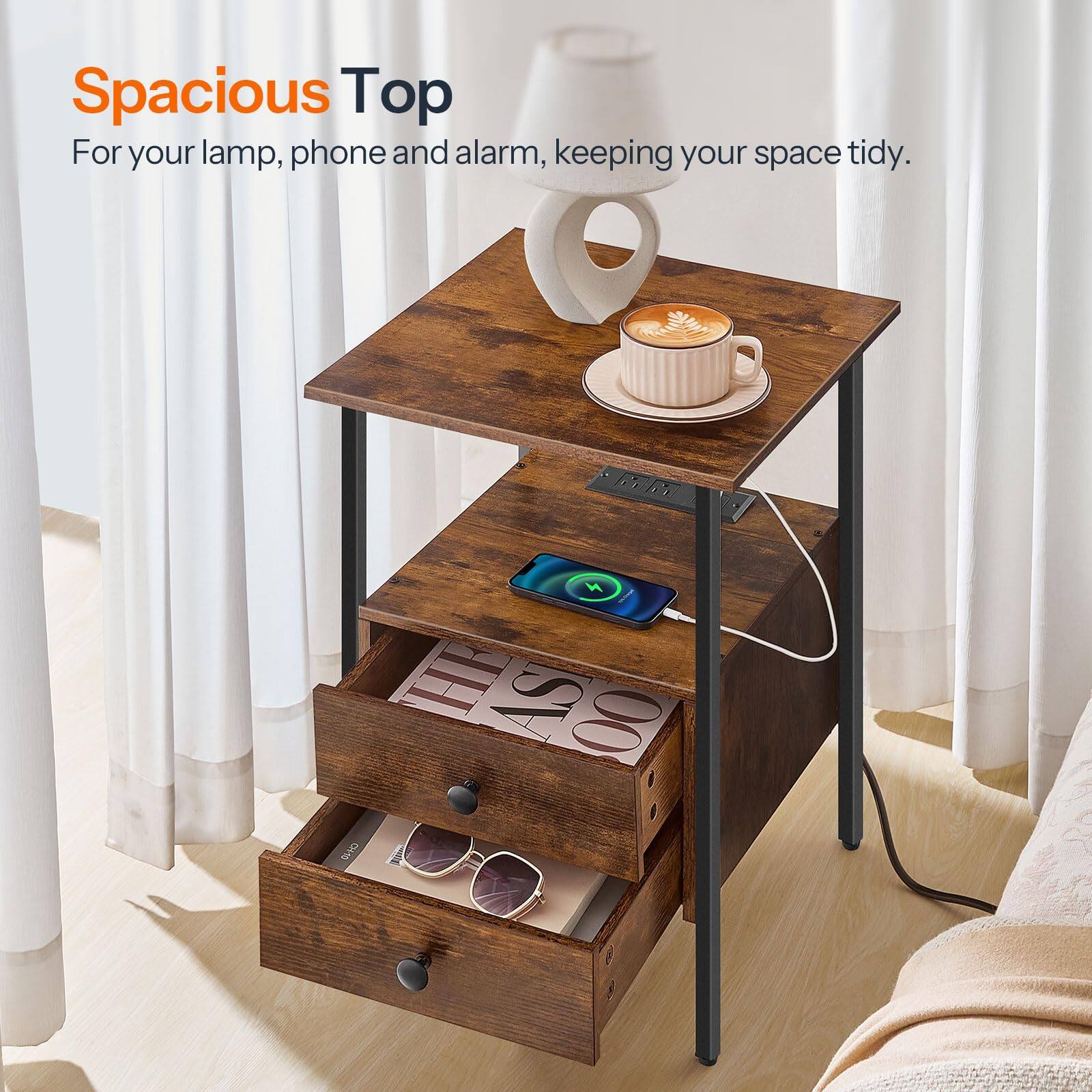 Spacious Top  
For your lamp, phone and alarm, keeping your space tidy.