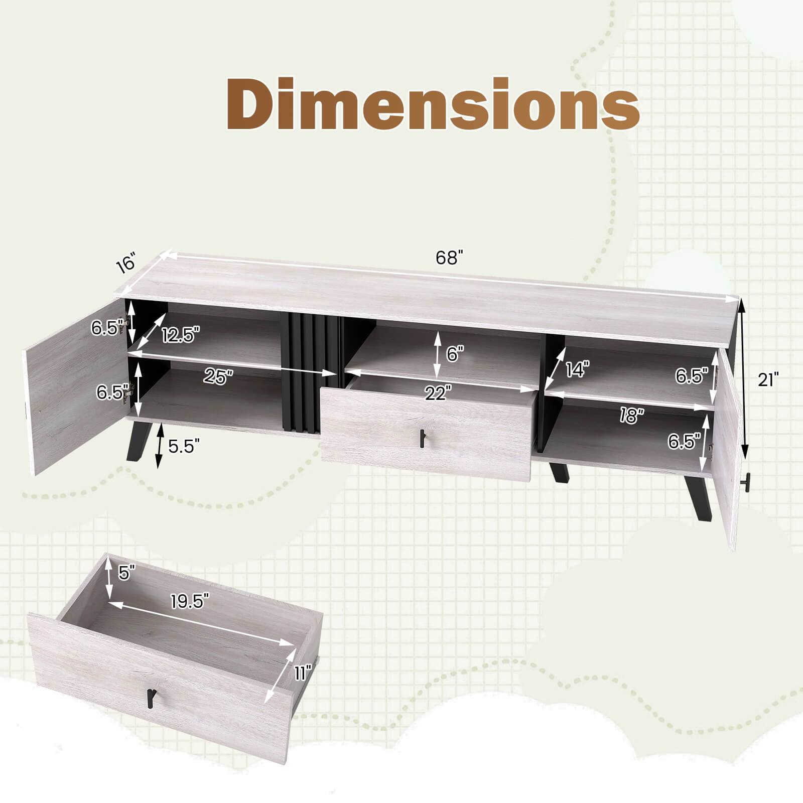 Dimensions: 16" x 68" x 6.5"

The image shows a desk with dimensions of 16" x 68" x 6.5". The desk is made of wood and has a rectangular shape. The image also includes a separate box with dimensions of 16" x 68" x 6.5". These dimensions are likely meant to represent the overall dimensions of the desk and the box, providing a clear understanding of the size and shape of the furniture.