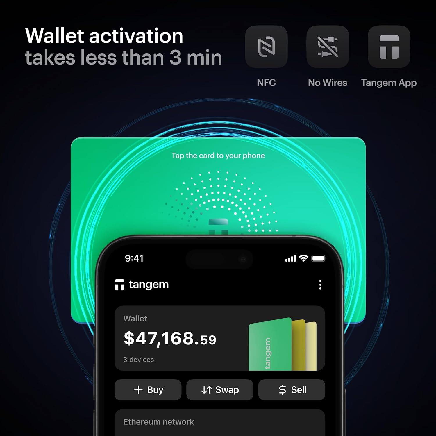 Wallet activation takes less than 3 min

NFC No Wires Tangem App

Tap the card to your phone

9:41

tangem

Wallet $47,168.59

3 devices

+ Buy

Swap

$ Sell

Ethereum network