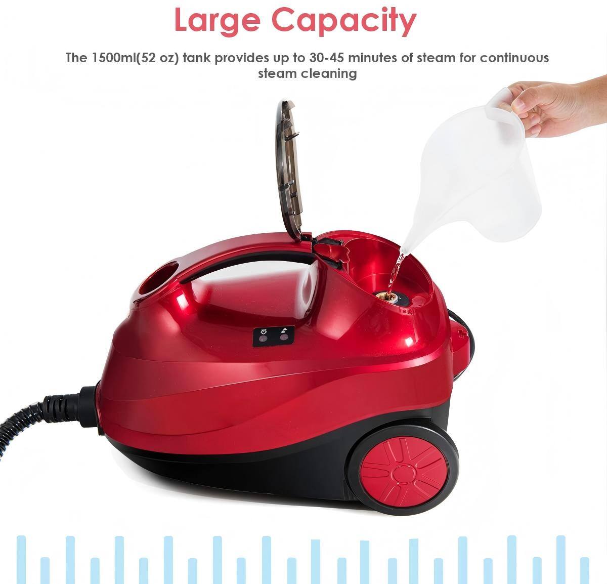 Large Capacity

The 1500ml (52 oz) tank provides up to 30-45 minutes of steam for continuous steam cleaning.
