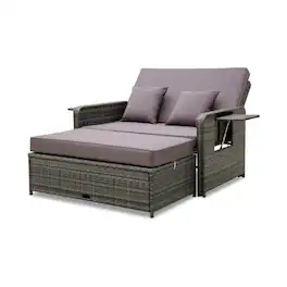 Kadyn - Wicker Loveseat Sofa with Multipurpose Ottoman and Retractable Side Tray- Patio Seating Conversation Set - Gray