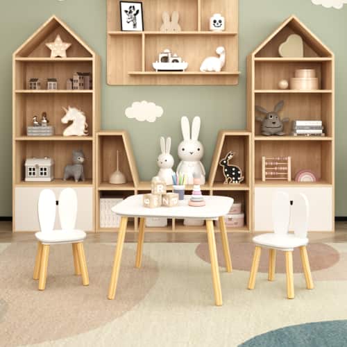 Akoasm - 3-Piece Wood Kids Table and 2 Chairs Set, Rabbit Themed Toddler Table and Chair Set - White