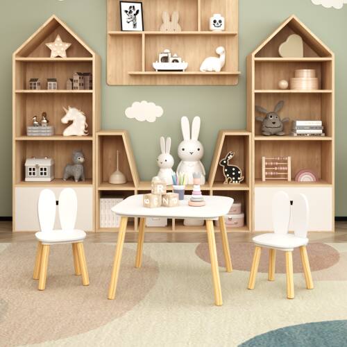 Front. Akoasm - 3-Piece Wood Kids Table and 2 Chairs Set, Rabbit Themed Toddler Table and Chair Set - White.