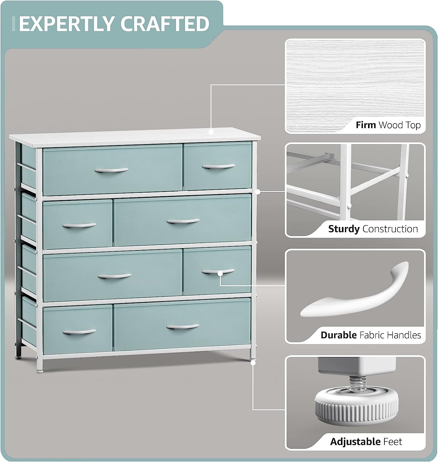EXPERTLY CRAFTED

- Firm Wood Top
- Sturdy Construction
- Durable Fabric Handles
- Adjustable Feet