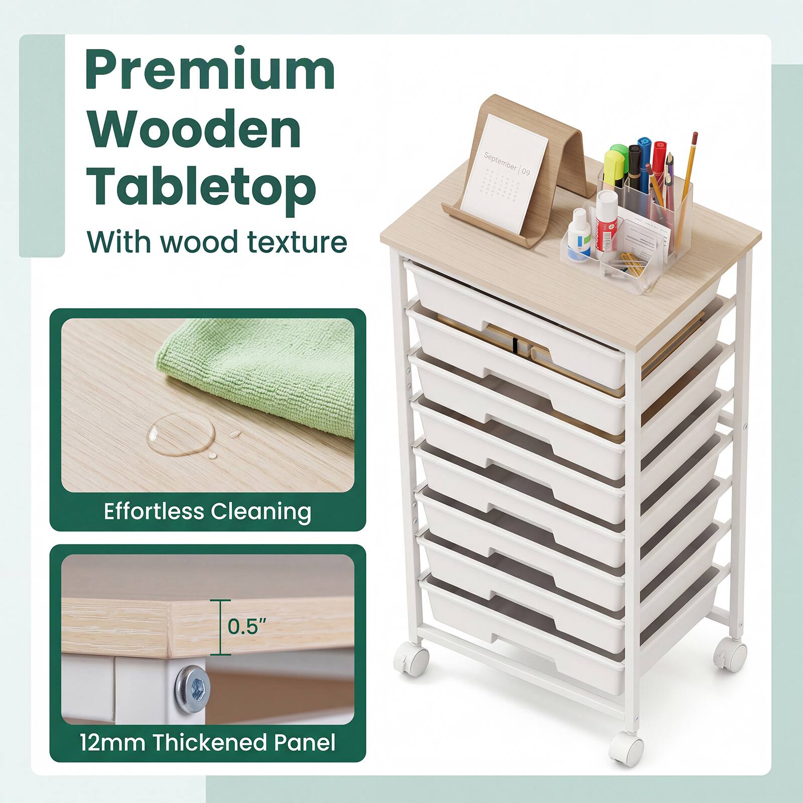 Premium Wooden Tabletop  
With wood texture  

September 09  

Effortless Cleaning  

0.5"  
12mm Thickened Panel