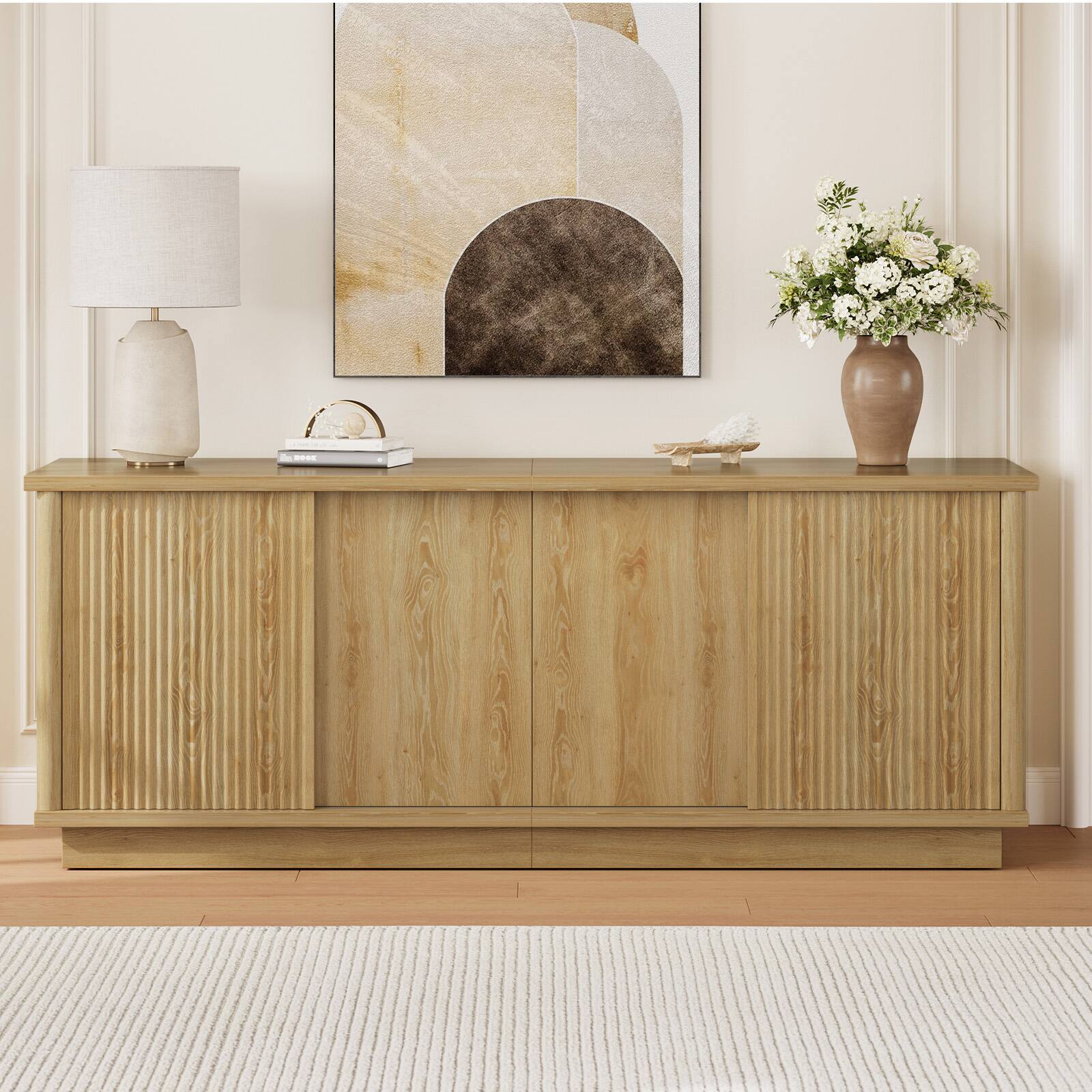 Alt View 4. Bestier - 65" TV Stand for 70" TVs, Modern Fluted Medium Console Entertainment Center with Sliding Doors - Oak.