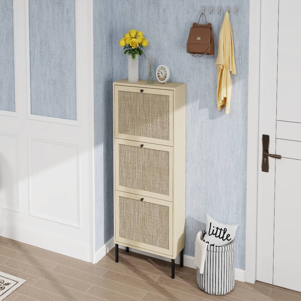 Alt View 4. Loheer - Loheer Rattan 3 Door Shoe Rack, Freestanding Modern Shoe Storage Cabinet, Natural Finish - Natural.