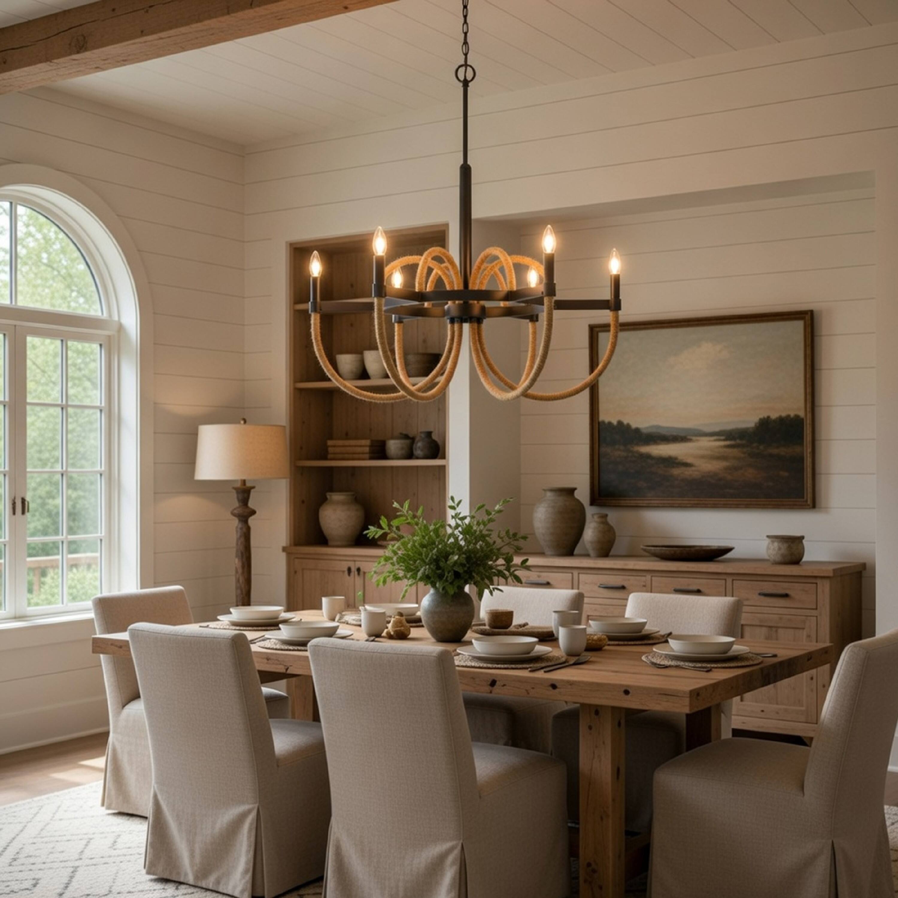 Alt View 5. Manhattan Lane - 6-Light Candelabra Chandelier with Burlap Rope, Black Metal, 31 Inch - Brown, Black.