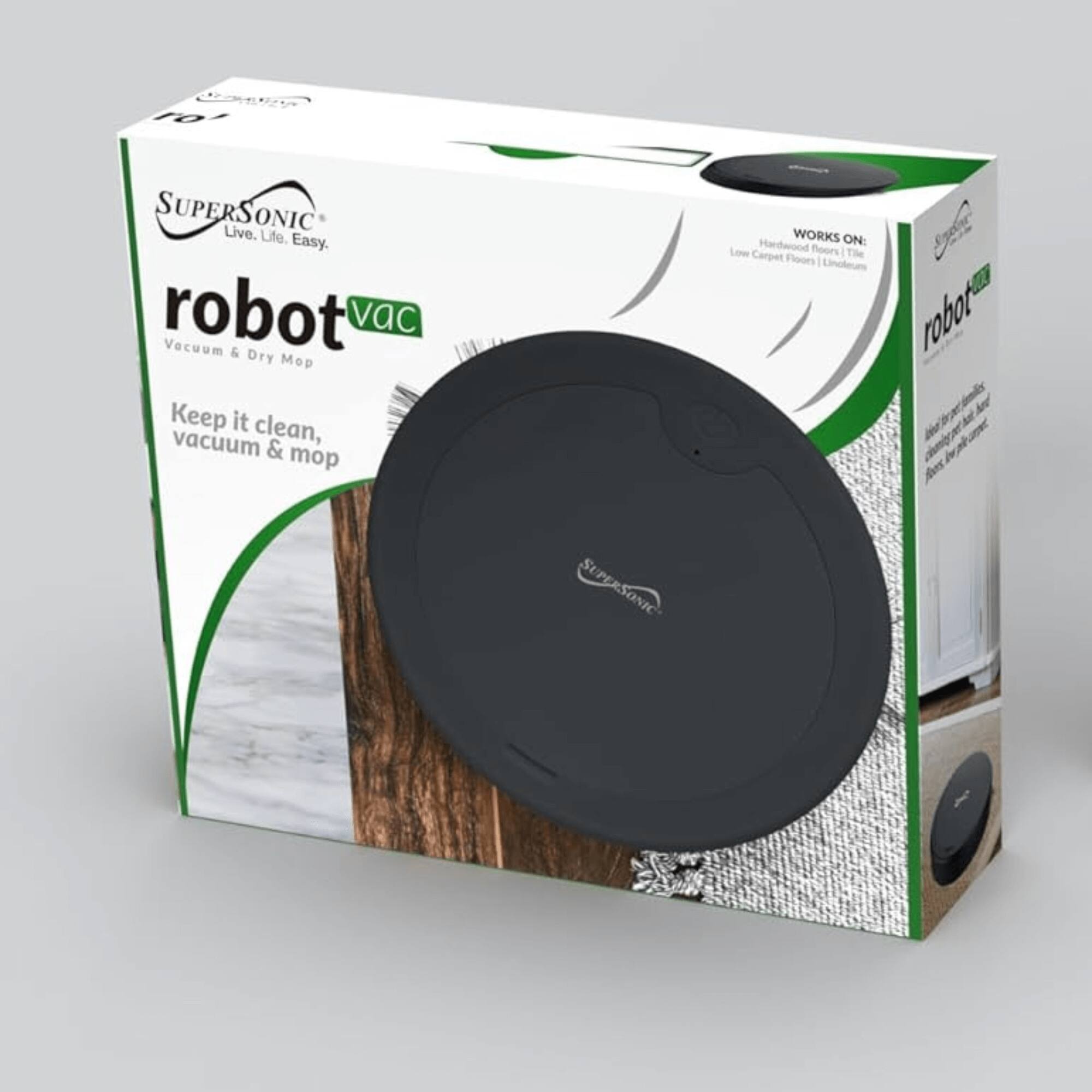 Sure, here is the corrected and grouped text from the image:

---

**SUPERSOONIC**  
Live. Life. Easy.

**robot vac**  
Vacuum & Dry Mop

Keep it clean, vacuum & mop

**WORKS ON:**  
Hardwood Floors | Low Carpet Floors | Linoleum | Tile | Floor Linoleums

---

This text is organized to reflect the branding, product name, and features of the robot vacuum cleaner.