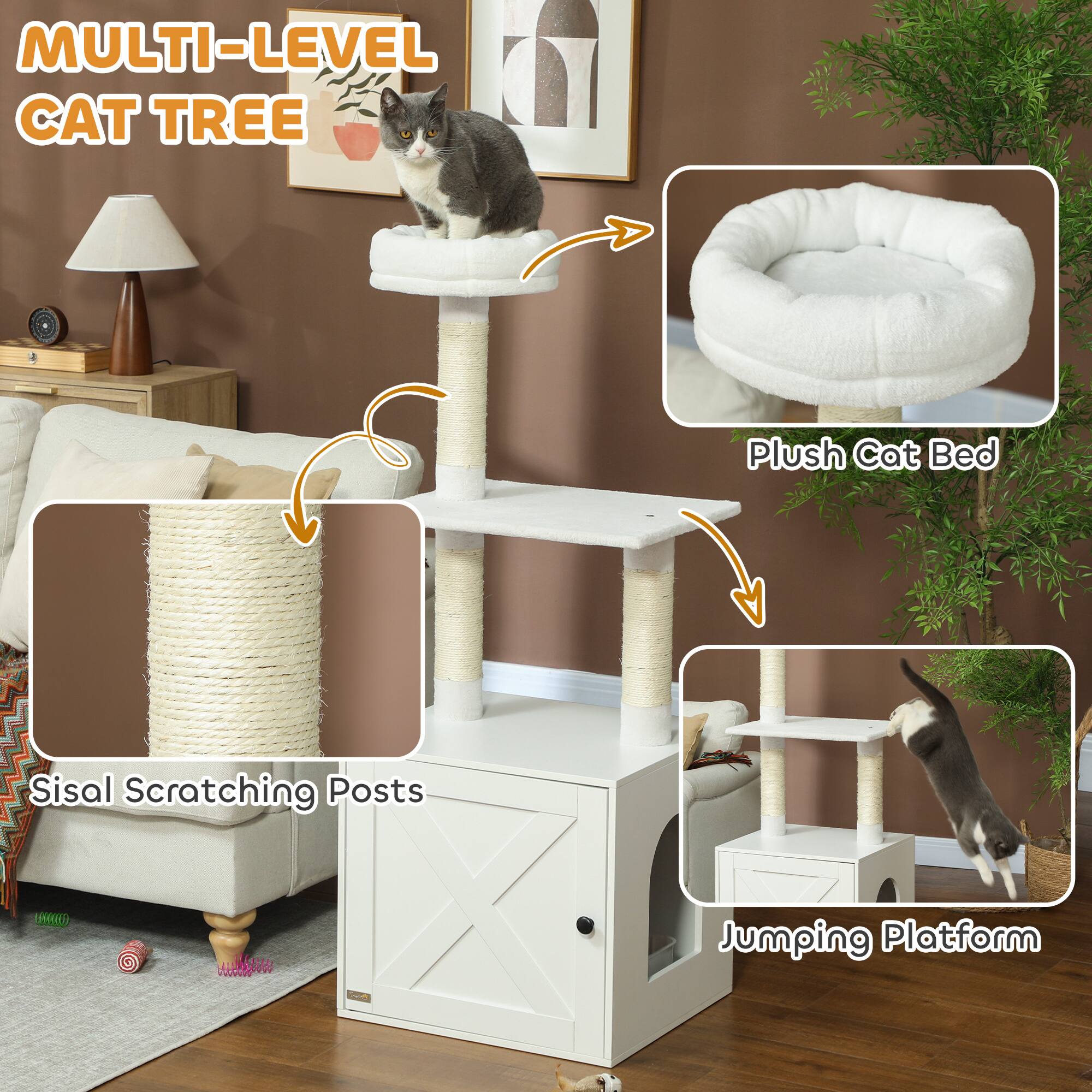 MULTI-LEVEL CAT TREE

- Plush Cat Bed
- Sisal Scratching Posts
- Jumping Platform