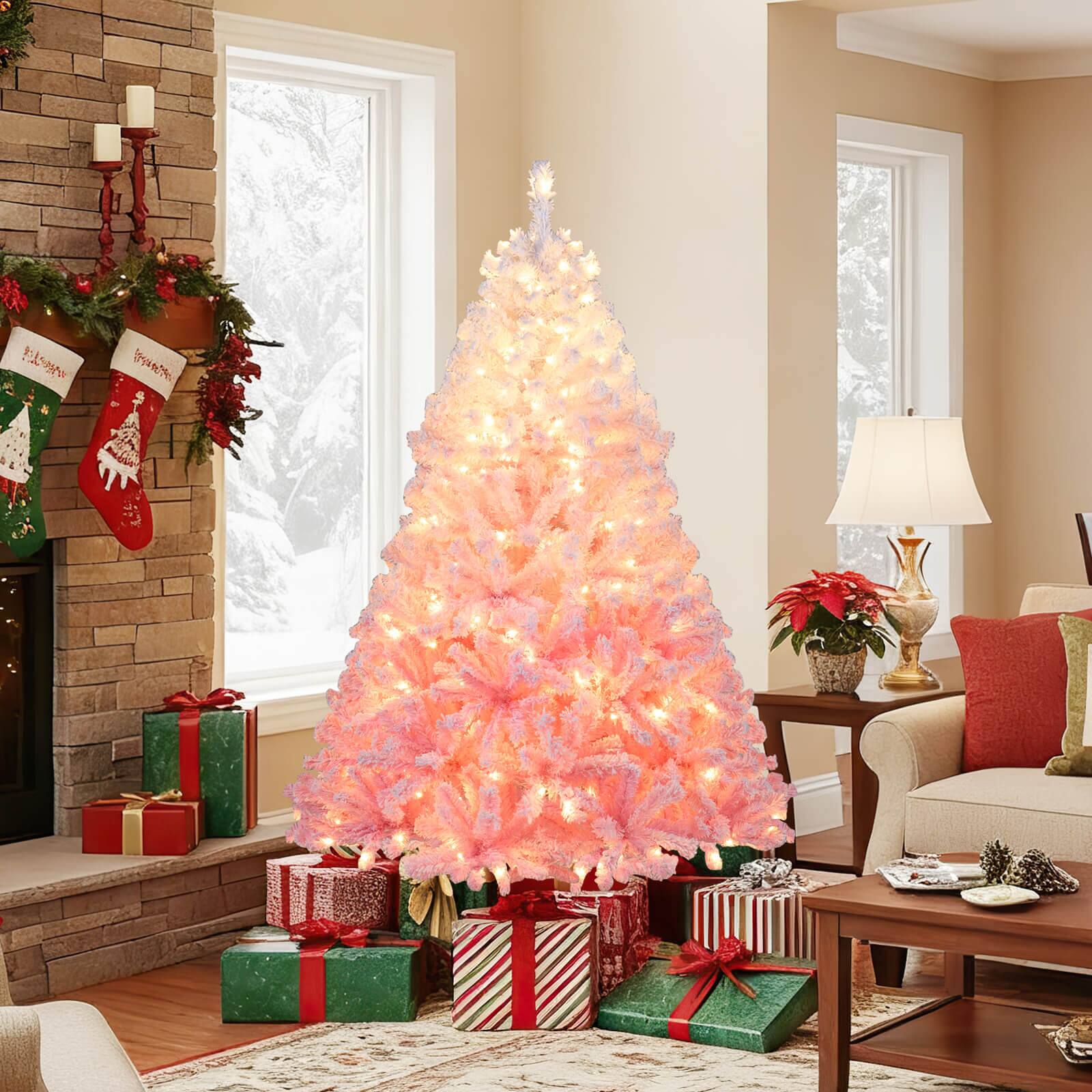 Alt View 3. Costway - Costway 6 FT Artificial Christmas Tree with 250 Warm White LED Lights, 8 Lighting Modes & Folding Metal Stand - Pink+White.