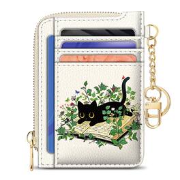Jadie Link - Slim Wallet Credit Card Holder Women Goth Bat Rfid Blocking Small Case Keychain Thin Pocket Curved Zipper Travel Leather - Black Cat Book