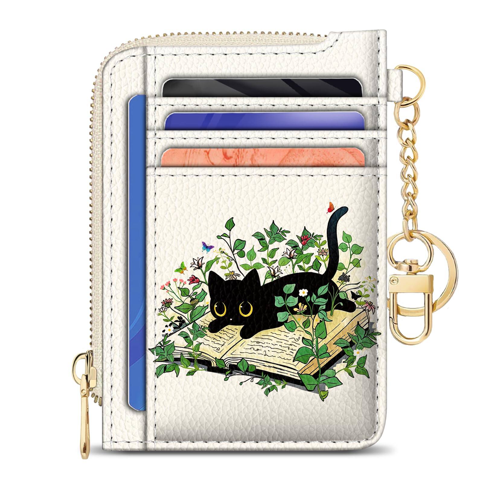 Front. Jadie Link - Slim Wallet Credit Card Holder Women Goth Bat Rfid Blocking Small Case Keychain Thin Pocket Curved Zipper Travel Leather - Black Cat Book.