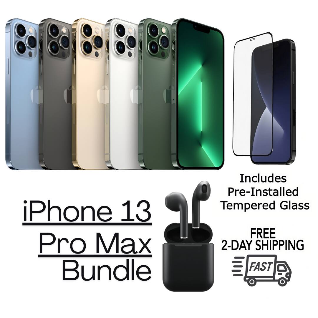 iPhone 13 Pro Max Bundle  
Includes Pre-Installed Tempered Glass  
FREE 2-DAY SHIPPING FAST