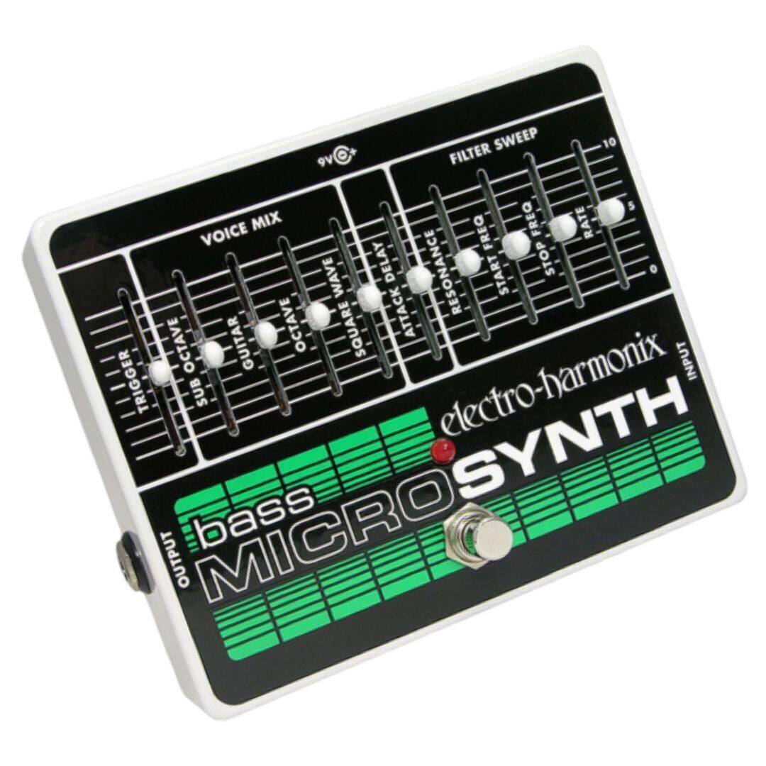 9V SWEEP FILTER 10 5 VOICE MIX FREQ FREQ RATE WAVE DELAY RESONANCE START STOP OCTAVE SQUARE ATTACK OCTAVE GUITAR INPUT TRIGGER SUB electro-harmonix SYNTH OUTPUT MICROSYNTH MICRO bass