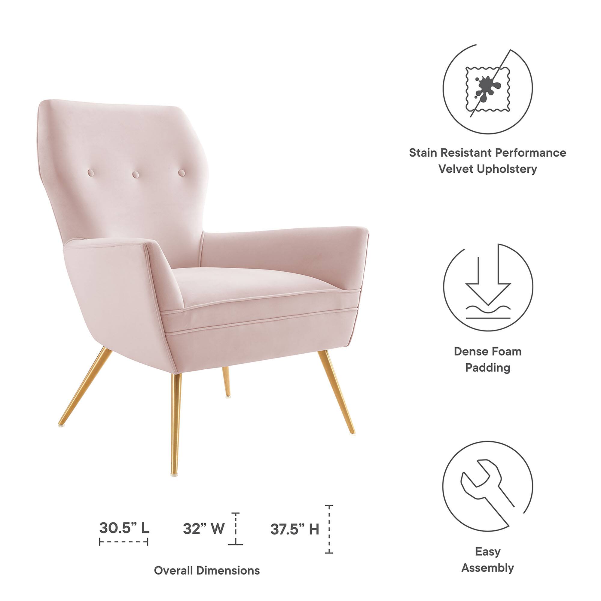 - Stain Resistant Performance Velvet Upholstery
- Dense Foam Padding
- Overall Dimensions: 30.5" L x 32" W x 37.5" H
- Easy Assembly