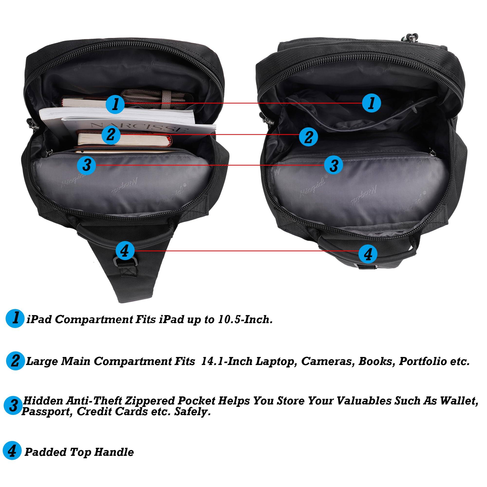 1. iPad Compartment Fits iPad up to 10.5-Inch.
2. Large Main Compartment Fits 14.1-Inch Laptop, Cameras, Books, Portfolio etc.
3. Hidden Anti-Theft Zippered Pocket Helps You Store Your Valuables Such As Wallet, Passport, Credit Cards etc. Safely.
4. Padded Top Handle