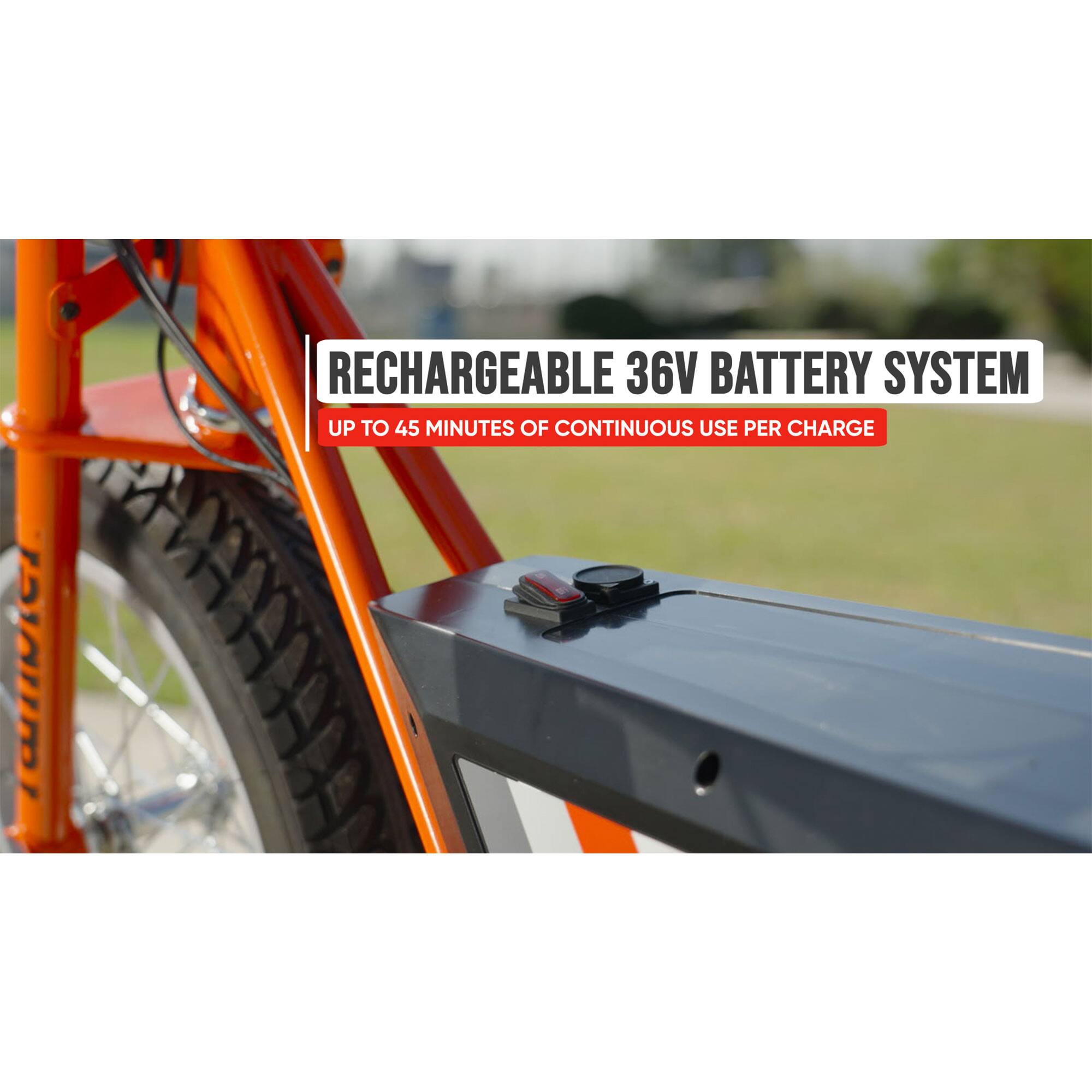 RECHARGEABLE 36V BATTERY SYSTEM  
UP TO 45 MINUTES OF CONTINUOUS USE PER CHARGE