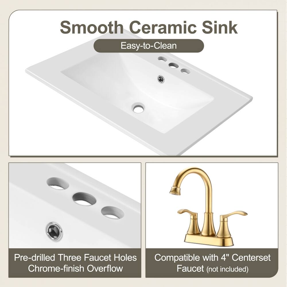 Smooth Ceramic Sink Easy-to-Clean

Pre-drilled Three Faucet Holes Compatible with 4" Centerset Chrome-finish Overflow Faucet (not included)