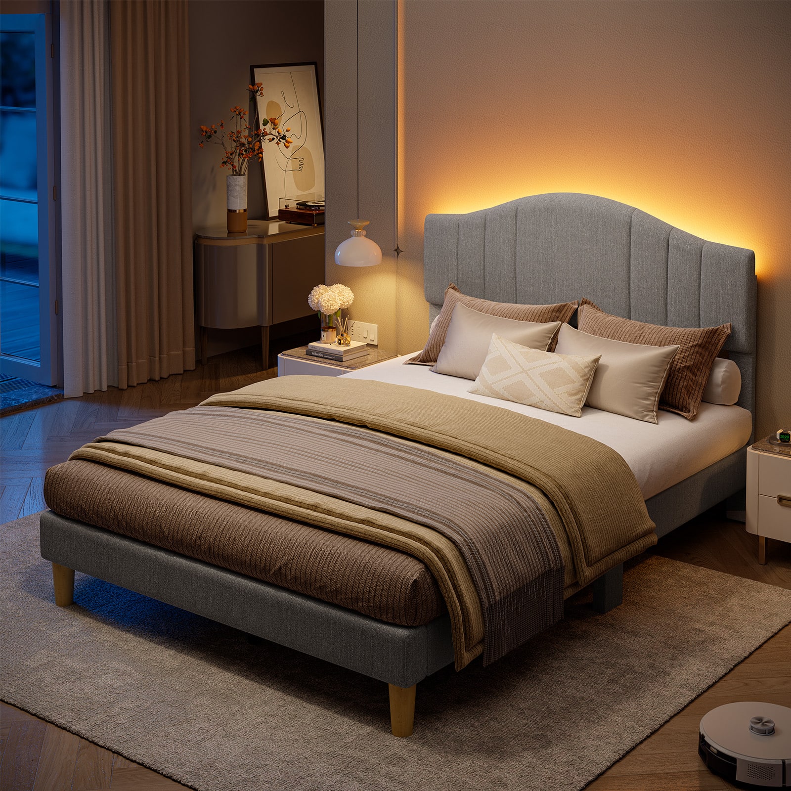 Angle. Pinmoco - Pinmoco - Upholstered Platform Bed Frame with Adjustable LED Arc Headboard - Fabric Gray.