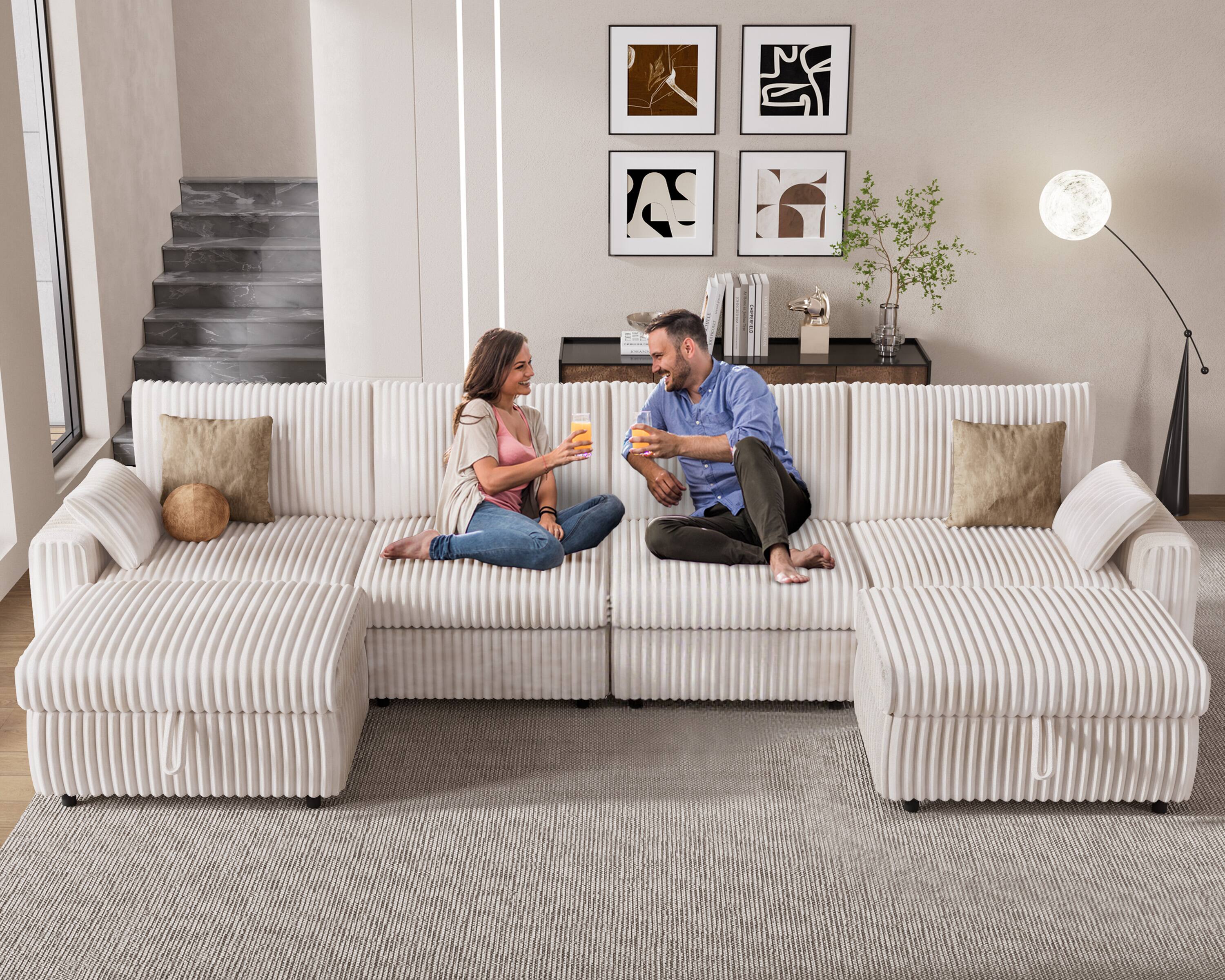 Left. Vipbear - 170" Modern Oversized Modular Sectional Sofa with Storage ottoman, Plush Corduroy Fabric,Tool-Free Assembly - White.
