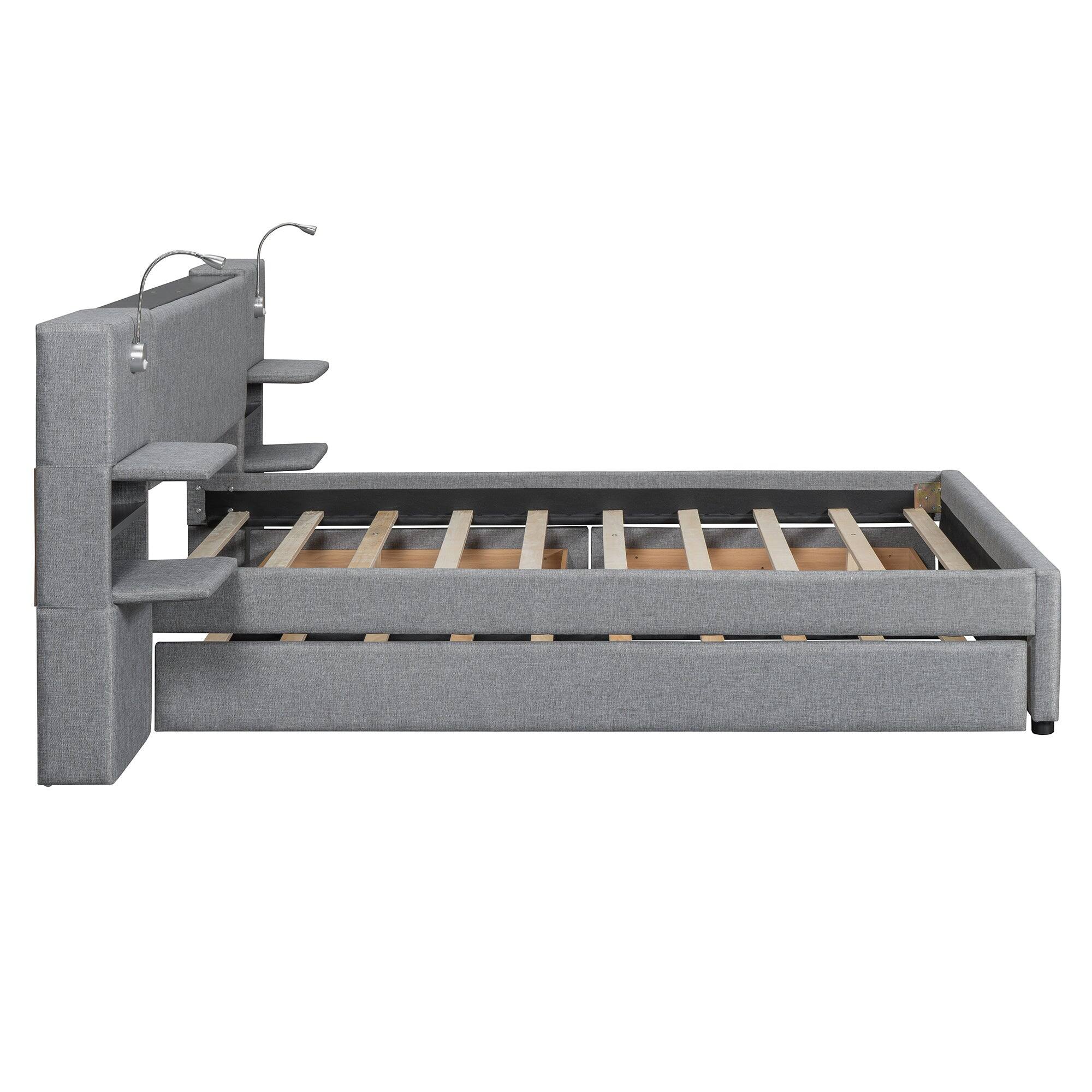 Alt View 8. Boyel Living - Queen Size Upholstered Platform Bed with Reading Lights, Drawers, Trundle, and Storage Shelves – Gray - Grey.