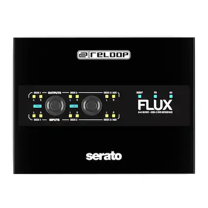 reLoop FLUX 6-IN/OUT USB-C DVS INTERFACE
DECK 1 L R OUTPUTS
DECK 2 L R OUTPUTS
DECK 3 L R AUX
HUB PD DC
DECK 1 L R INPUTS
DECK 2 L R INPUTS
DECK 3 L R AUX
serato