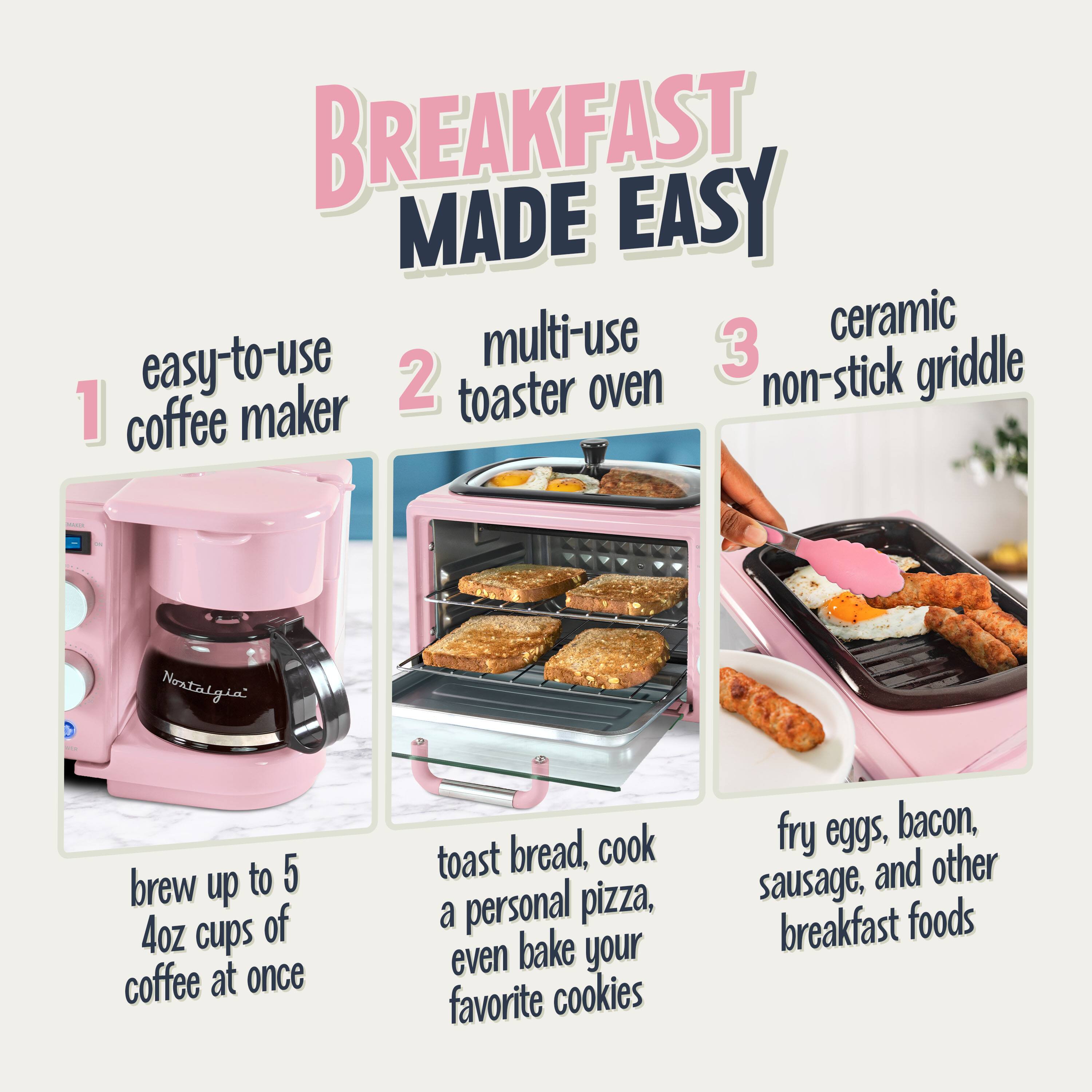 BREAKFAST MADE EASY

1. easy-to-use coffee maker
   - brew up to 5 4oz cups of coffee at once

2. multi-use toaster oven
   - toast bread, cook a personal pizza, even bake your favorite cookies

3. ceramic non-stick griddle
   - fry eggs, bacon, sausage, and other breakfast foods