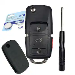 HQRP - Flip key fob shell case 4-button remote with silicone cover, CR2032 battery, screwdriver for Volkswagen - Black