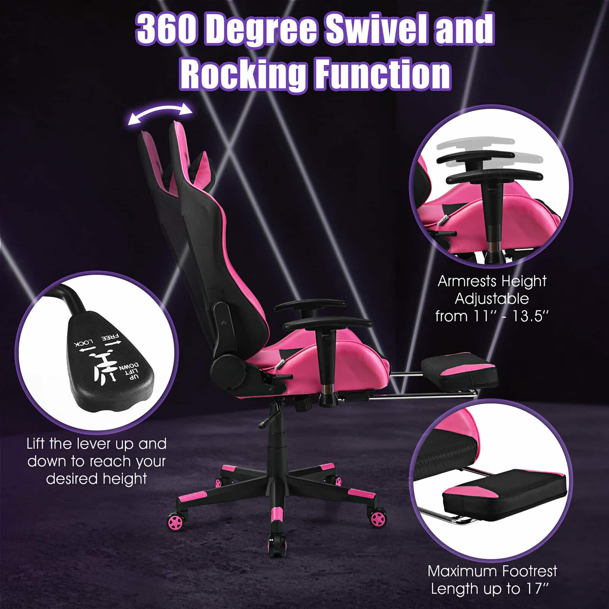 360 Degree Swivel and Rocking Function: This gaming chair features a 360-degree swivel and rocking function, allowing you to easily change your viewing angle and add an extra level of comfort while gaming.
Free Armrests: The gaming chair comes with free armrests, providing additional support and comfort for your arms during extended gaming sessions.
Height Adjustable: The chair is height adjustable, with armrests that can be adjusted from 11" to 13.5" to accommodate a wide range of users.
11" Down Lift: The chair also has a 11" down lift, which allows you to lower the chair to a comfortable height for extended periods of gaming.
Maximum Footrest Length: The footrest on this gaming chair can be extended up to 17" in length, providing additional support and comfort for your feet.