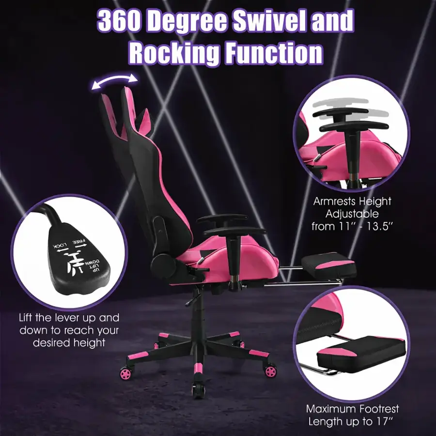 360 Degree Swivel and Rocking Function: This gaming chair features a 360-degree swivel and rocking function, allowing you to easily change your viewing angle and add an extra level of comfort while gaming.

Free Armrests: The gaming chair comes with free armrests, providing additional support and comfort for your arms during extended gaming sessions.

Height Adjustable: The chair is height adjustable, with armrests that can be adjusted from 11" to 13.5" to accommodate a wide range of users.

11" Down Lift: The chair also has a 11" down lift, which allows you to lower the chair to a comfortable height for extended periods of gaming.

Maximum Footrest Length: The footrest on this gaming chair can be extended up to 17" in length, providing additional support and comfort for your feet.