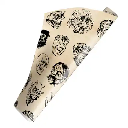 Front. Trick or Treat Studios - Chamber Of Horros Vintage Monster Masks Wrapping Paper | 30 x 96 Inches - Multi-Colored.