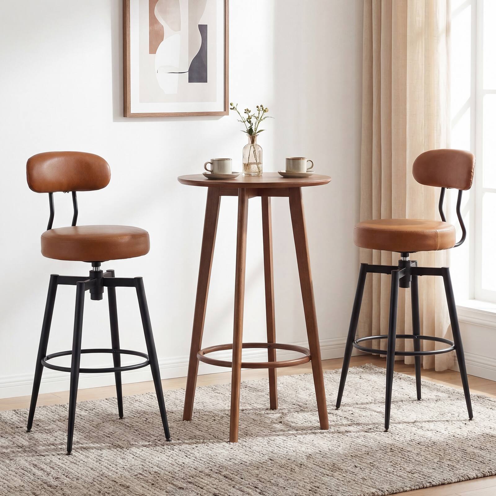 Alt View 3. Costway - Costway Swivel Barstools Set of 4 Faux Leather Bar Height Chairs with Upholstered Seat - Black + Brown.