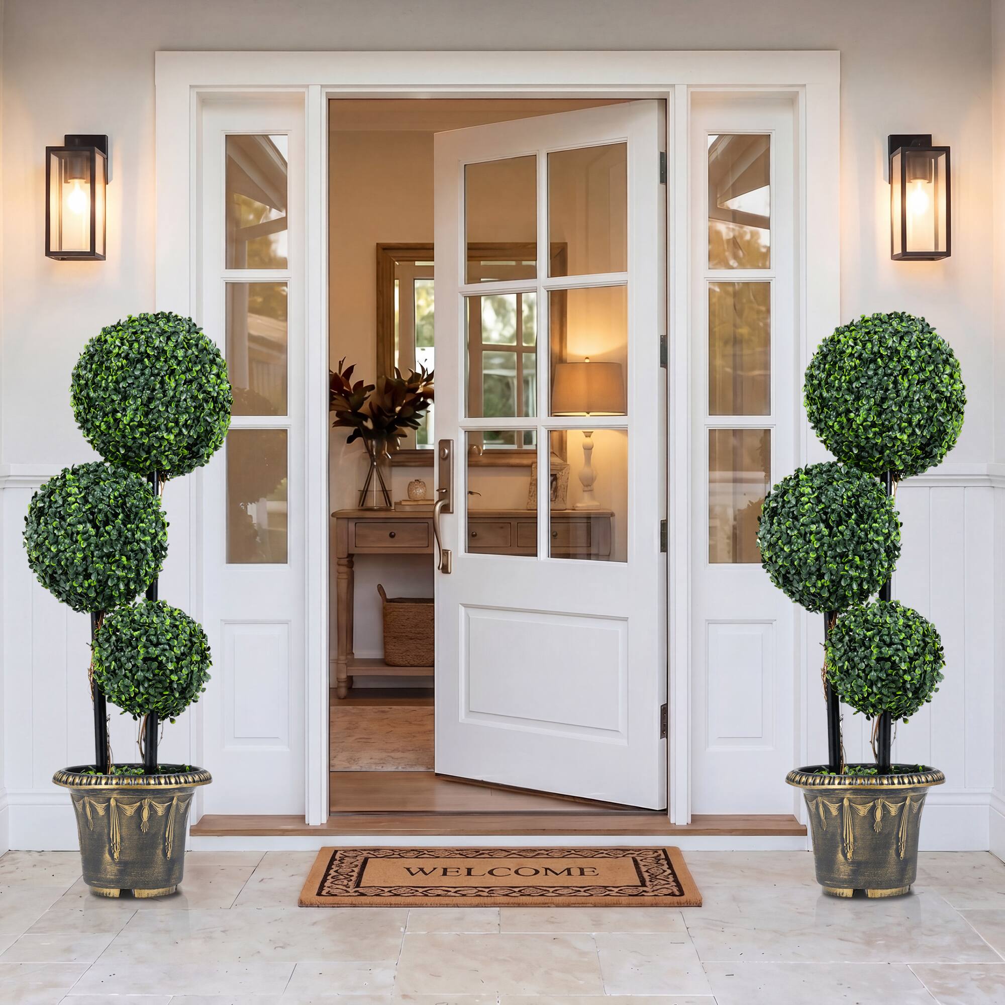 Alt View 5. Costway - Costway 2 PCS 3 FT Artificial Boxwood Topiary Tree, Sun-Protective Triple Ball Shrubs - Green, Black, Golden.