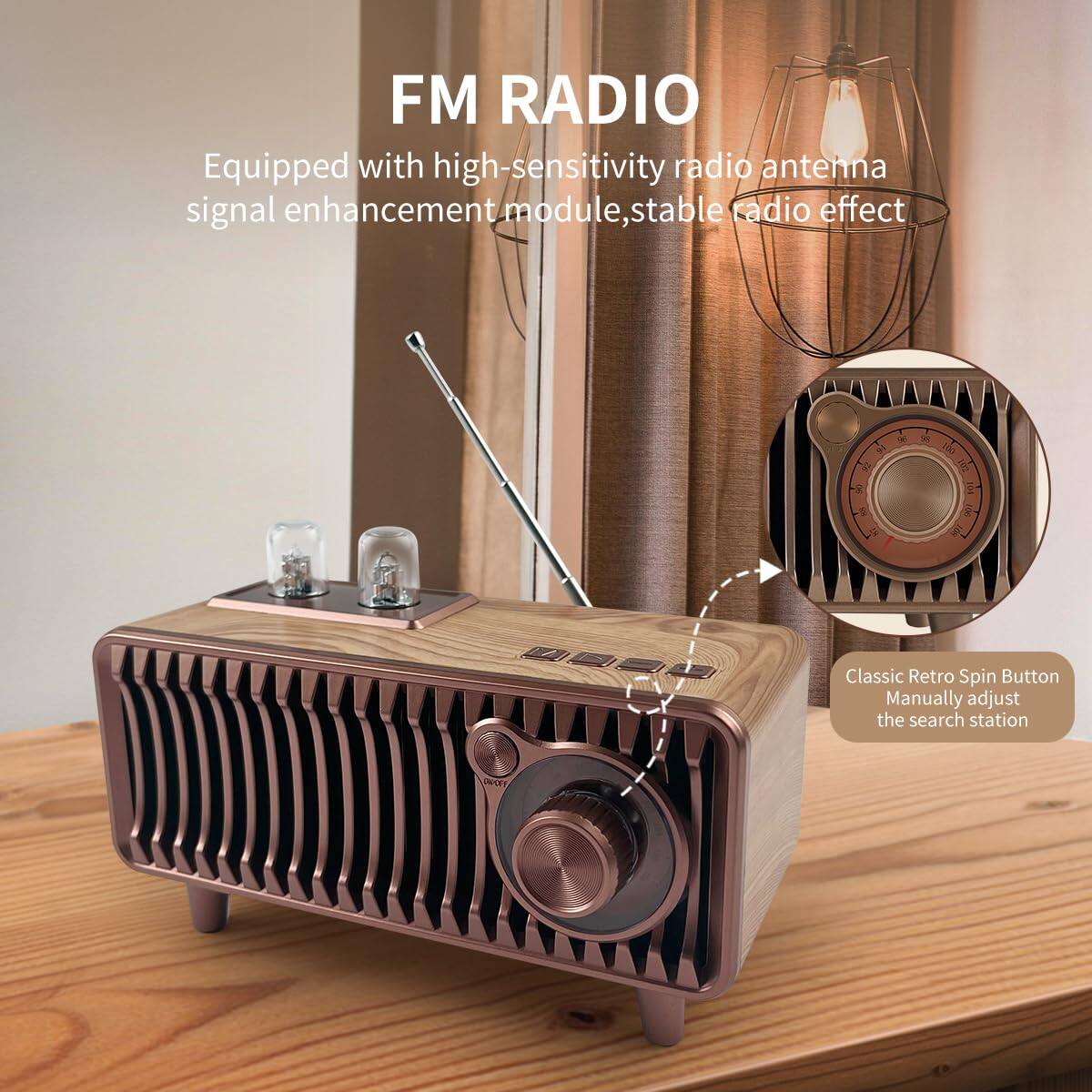FM RADIO  
Equipped with high-sensitivity radio antenna signal enhancement module, stable radio effect  

Classic Retro Spin Button  
Manually adjust the search station