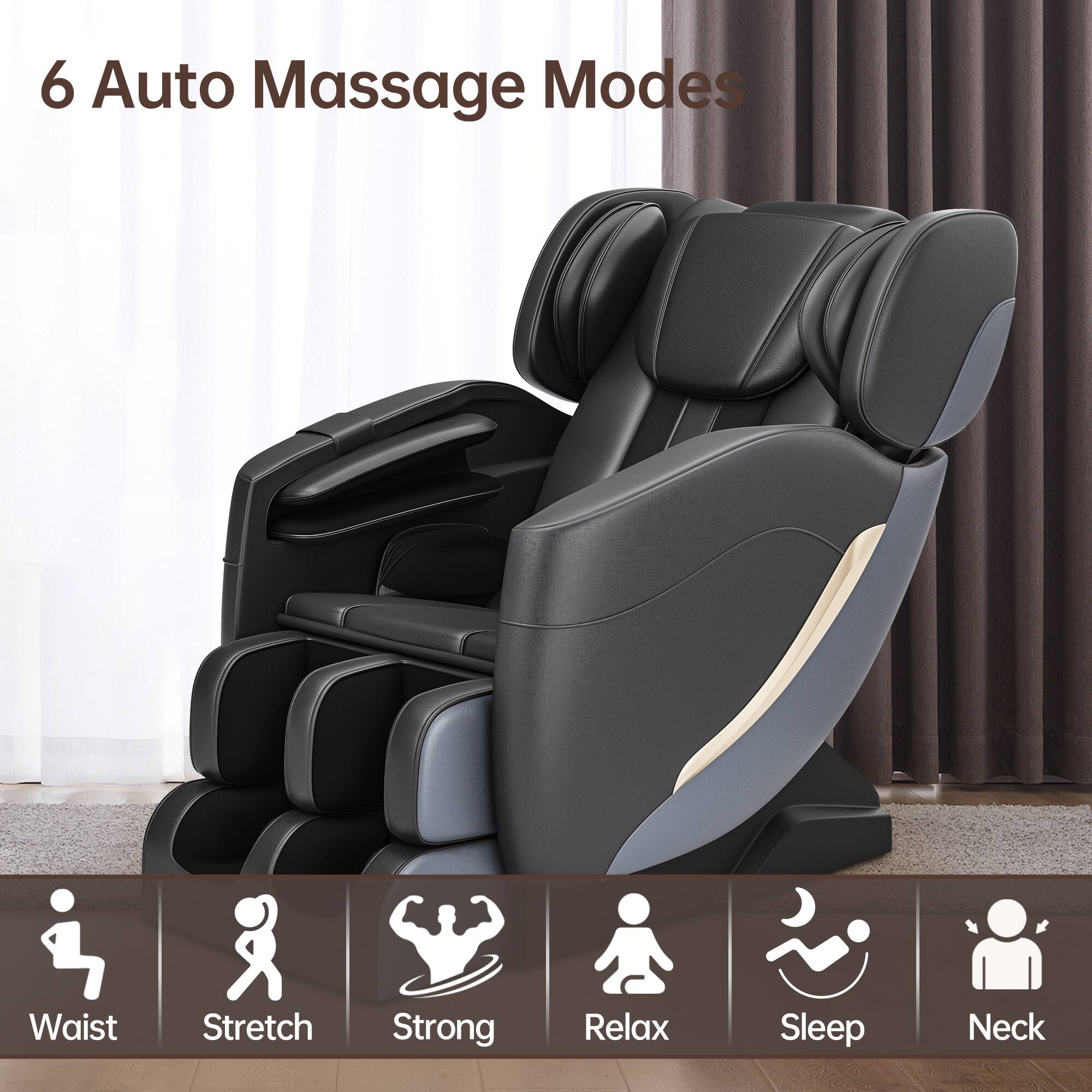 6 Auto Massage Modes

- Waist
- Stretch
- Strong
- Relax
- Sleep
- Neck