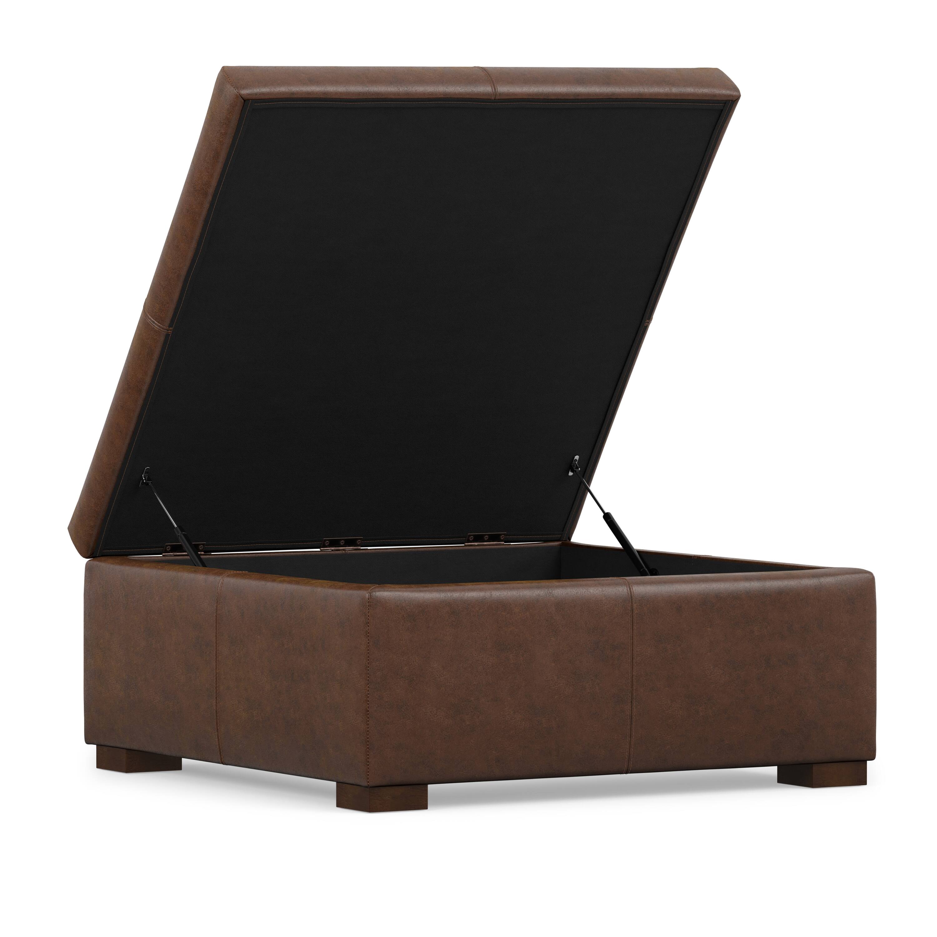 Back. Simpli Home - Gabbie 36 inch Wide Square Coffee Table Storage Ottoman in Distressed Chestnut Brown Vegan Leather - Distressed Chestnut Brown.