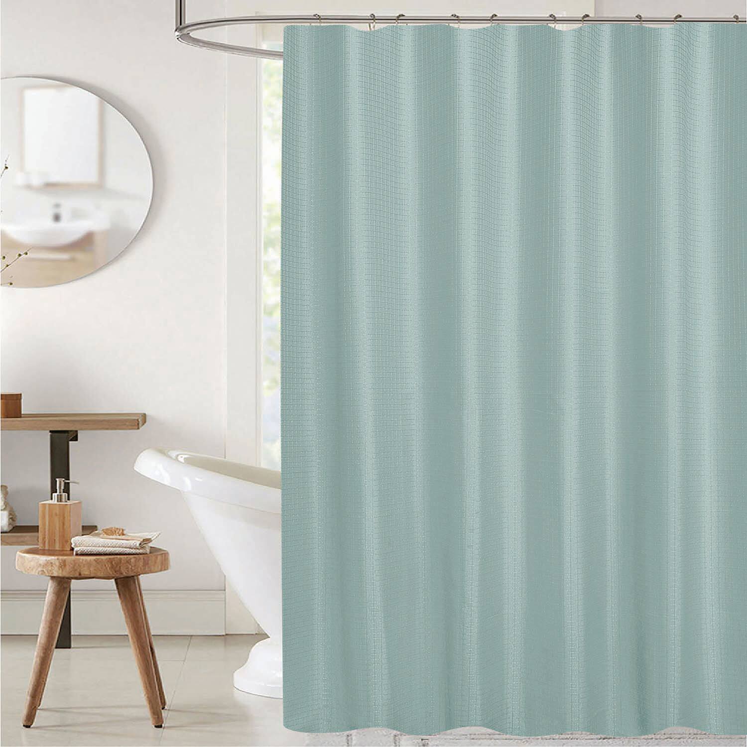 Left. RT Designers Collection - RT Designer Collection Bliss Waffle Shower Curtain 70" x 72" Blue - Blue.