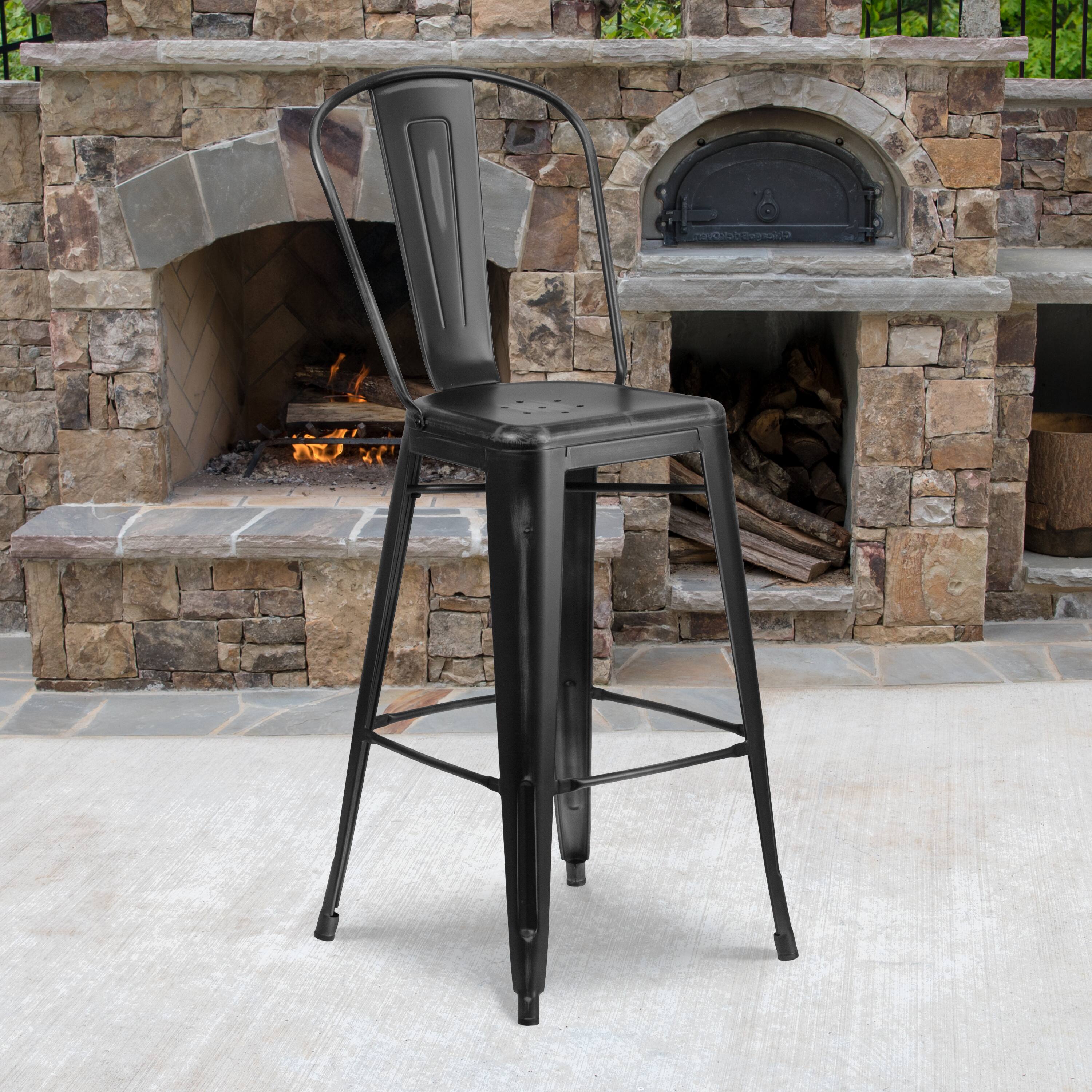 Alt View 2. Emma + Oliver - Commercial Grade 4 Pack 30" High Distressed Metal Indoor-Outdoor Barstool with Back - Black.