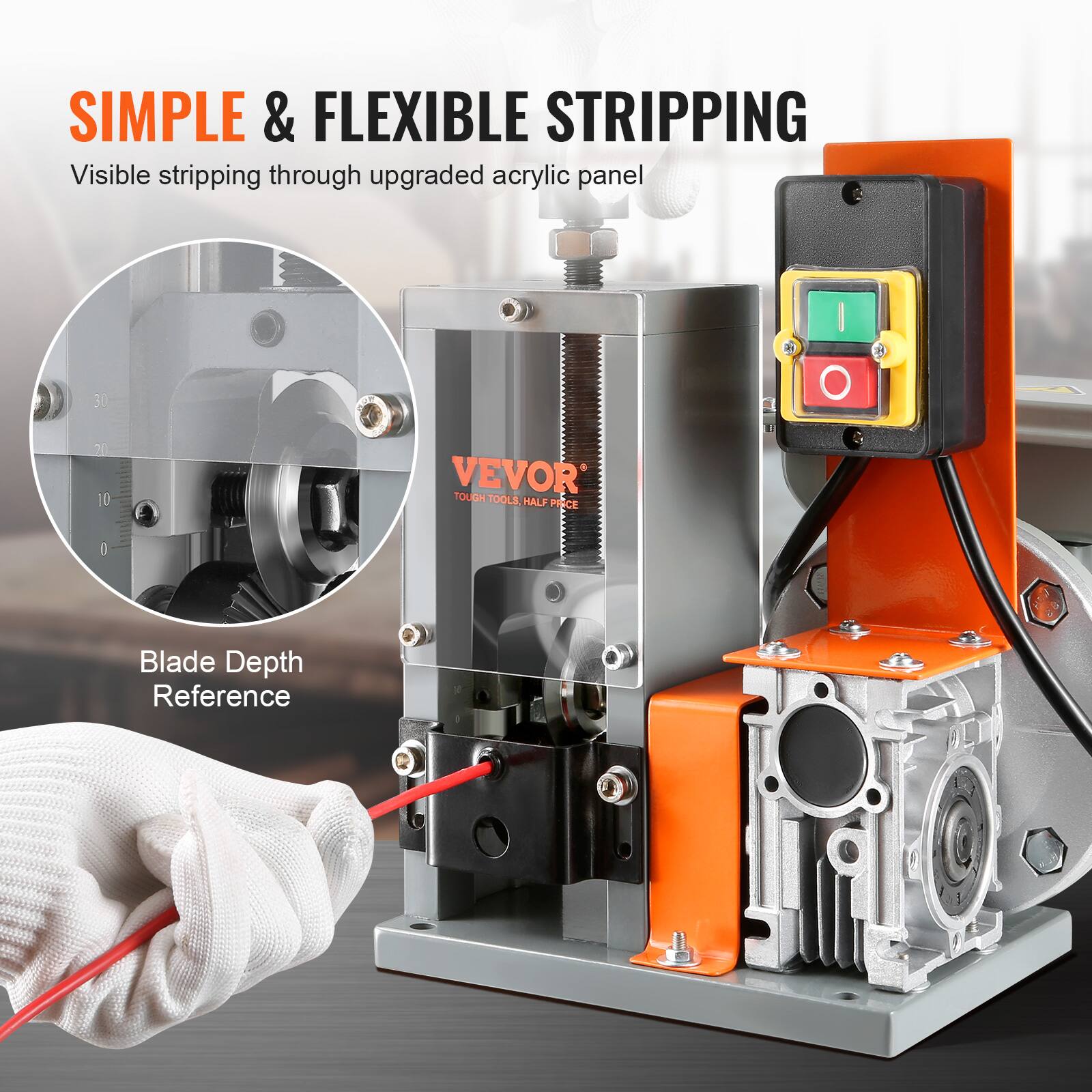 SIMPLE & FLEXIBLE STRIPPING  
Visible stripping through upgraded acrylic panel  

VEVOR  
TOUGH TOOLS. HALF PRICE  

Blade Depth Reference